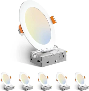 6 Pack 6 Inch 5CCT Ultra-Thin LED Recessed Ceiling Light with Junction Box, 2700 - Picture 1 of 7