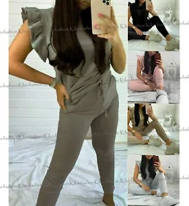 Damen Trainingsanzug Frill Schößchenärmel kastenförmig Oberteil Damen Lounge Wear Set - Bild 1 von 11