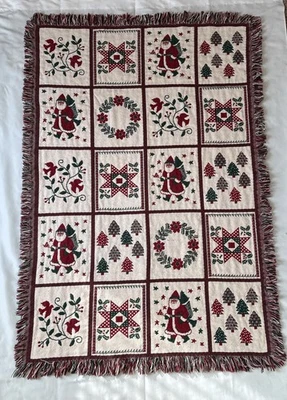 Fieldcrest Christmas Santa Trees Tapestry Throw Blanket Fringed Size 42”X 60” - Image 1 of 4