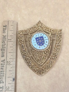 Vintage Gold Tone Filigree Blue Enamel Shield Crest Brooch Fleur De Lis - Picture 1 of 3