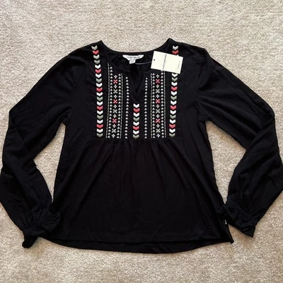 Lucky Brand Girls Size M 8/10 Black Embroidered Peasant Top Blouse New With Tags - Image 1 of 4
