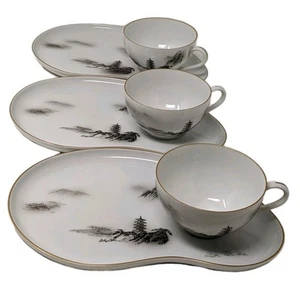 Fukawaga Lot Of Three Snack Plates And Three Cups Landscap 903 blk white Vintag - Picture 1 of 12