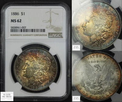 Dólar de plata Morgan 1886 $1 NGC MS 62 *** ¡¡¡HERMOSA TONIFICACIÓN!!! WOW!!!!*** Foto 1 de 4