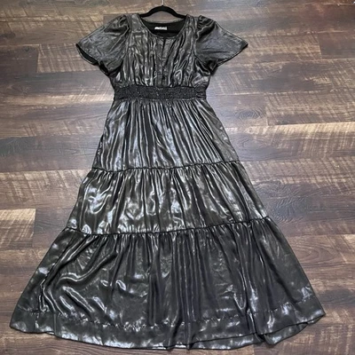 By Anthropologie OB 1638085 Somerset Tiered Maxi Dress In Shine Black Gray Large - Image 1 of 4