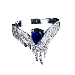 Size 7 Wing Angel Ring  with Inlaid Zircon Blue and Diamond  silver Plated - Picture 1 of 12