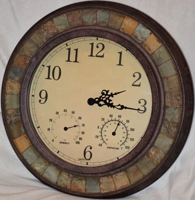 Clock Temperature Humidity Subdials Round Wall Tile Stone Stylish Timepiece 16in - Image 1 of 4