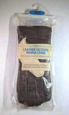 GUANTES DE CUERO FORRADOS CÁLIDOS VINTAGE ST MICHAEL TALLA MEDIANA MARRÓN CON ESPALDA DE GANCHILLO Foto 1 de 4