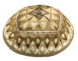 Raw Silk Embroidered Kippah - Hand Made in Israel - Gold & Silver - Geometric - Picture 1 of 2