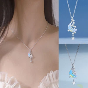 Half Crystal Moon Pendant Necklace Plated Chain Silver Jewelly Gift Ladies Women - Picture 1 of 7