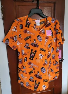 NWT Scrubstar Women's M Orange Halloween Short Sleeve V Neck Scrub Top - Picture 1 of 6