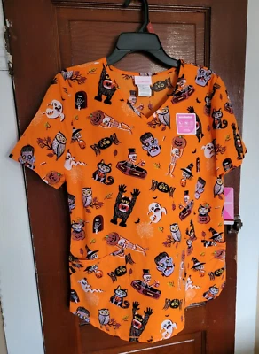 NWT Scrubstar Women's M Orange Halloween Short Sleeve V Neck Scrub Top - Image 1 of 4