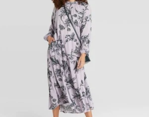 A new day Women's Floral Print Long Sleeve Tiered Dress Light Purple size L - Picture 1 of 11