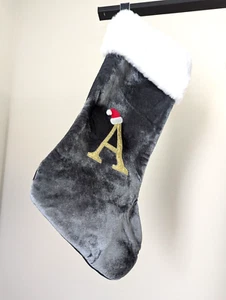 Christmas Stocking Gray Monogrammed Letter A in Gold Soft Velvet 20" NEW - Picture 1 of 6