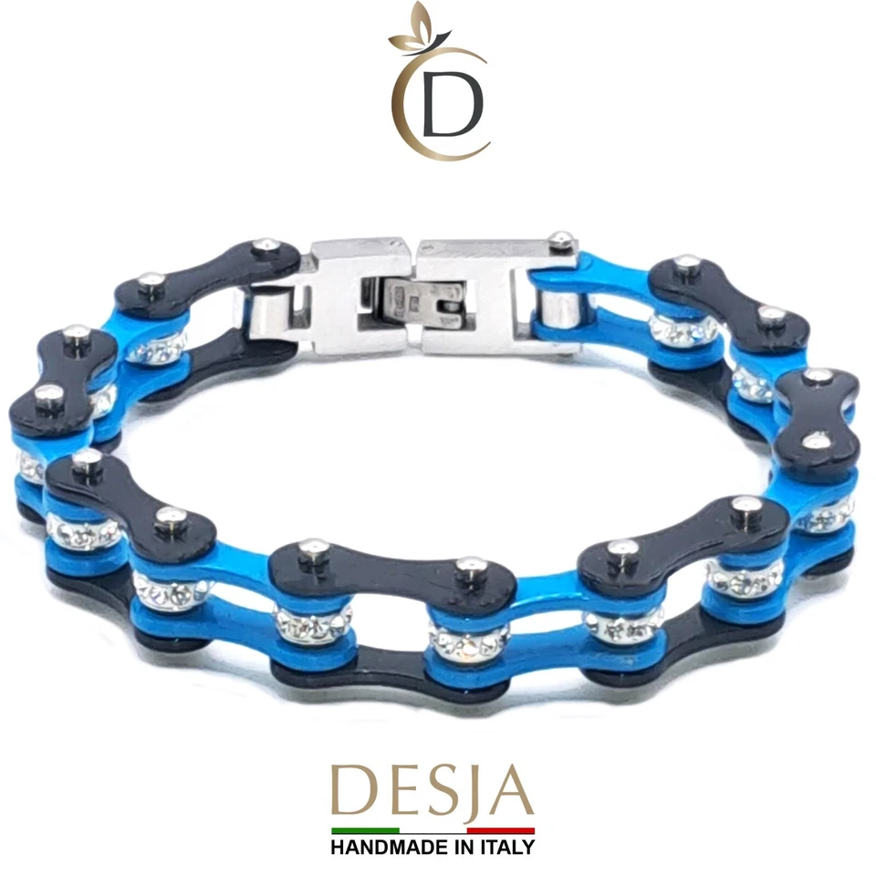 Bracciale Catena Moto Acciaio Nero Azzurro Cristalli | Light Cristal Desja® Unis - Immagine 1 di 3