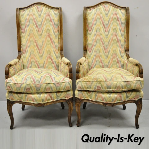 Vintage French Provincial Louis XV Country Narrow Tall Back Chairs (B) - a Pair Cover