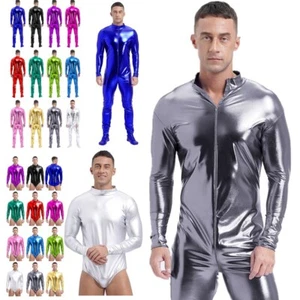 Men Shiny Metallic One-Piece Bodysuit Leotard Wetlook Stretchy Jumpsuit Clubwear - Picture 1 of 136