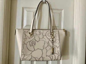 DKNY Large Tote Shoulder Bag Sara Zip Ivory Leather Stitched Floral Gold Charm - Picture 1 of 7