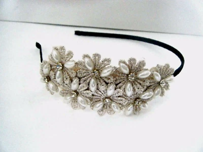 Diadema cubierta de tela para mujer flores perlas piedras transparentes hecha a mano nueva Foto 1 de 2