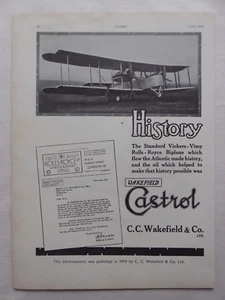 5/1954 PUB WAKEFIELD CASTROL OIL VICKERS VIMY ATLANTIC FLIGHT ORIGINAL AD - Foto 1 di 1