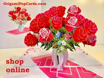 Red & Pink Roses Bouquet Happy Birthday Pop Up Greeting Card Origami Pop Cards - Image 1 of 4