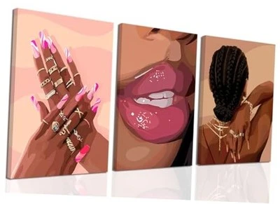 Juego de 3 arte de pared rosa niña negra lienzo envuelto rosa afroamericano 16x24 pulgadas Foto 1 de 4