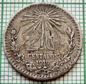 MEXICO 1919 M 20 CENTAVOS, Coat of Arms & Radiant Liberty Cap one year type - Picture 1 of 6