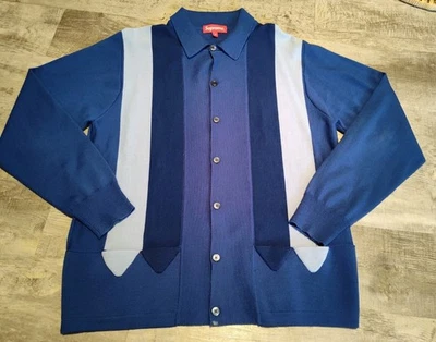 Supreme Arrow Striped Polo Sweater Cardigan Mens Size M Blue 100% Wool Grandpa - Image 1 of 4
