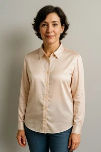 7 For All Mankind M Satin Button Front Shirt Damen Ivory Luxe Karriere Bluse - Bild 1 von 17