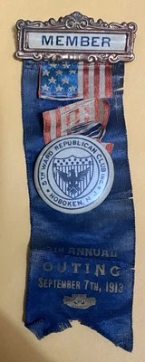 Prendedor y cinta de salida anual Hoboken New Jersey 5th Ward Republican Club 1913 Foto 1 de 2