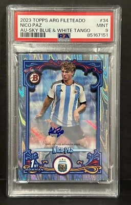 2023 Topps Argentina Fileteado 1st Bowman RC Nico Paz Auto Sky Blue /99 PSA 9 - Image 1 of 2