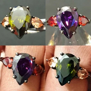 Espumoso Zirconia Cúbica CZ Cristal Geométrico Triple Pera Corte Elegante Anillo - Picture 1 of 29