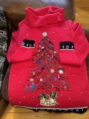 Suéter BP Designs XL Árbol de Navidad Cuentas Vacaciones Cuello Alto Vintage Años 90 Rojo Foto 1 de 4