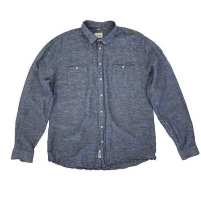 Camisa Frank and Oak XL azul com botões manga longa mistura de linho trabalho masculina - Imagem 1 de 4