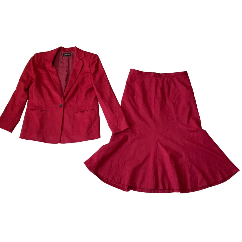 Винтажный Jaeger женщины шерсти красный бордовый блейзер юбка 2 изделия шикарный костюм Великобритании размер 14 - Изображение 1 из 4