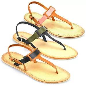 Ladies Womens Leather Flat Heel Slingback Summer Toe Post Sandals Shoes Size - Picture 1 of 28