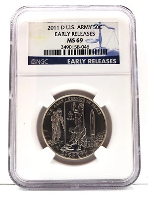2011 D US Army Commemorative Clad Half Dollar US Mint 50c NGC MS 69 ER K43 - Image 1 of 2