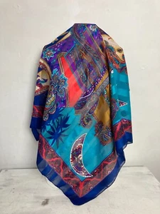 Vintage Silk Neck Scarf Head Scarf Royal Blue Paisley Indian Elephant Square - Picture 1 of 9