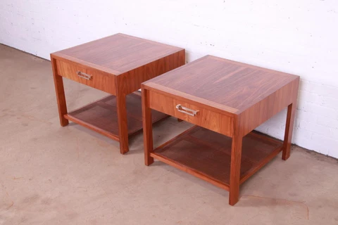 Baker Furniture Mid-Century Modern Walnut and Cane Nightstands, Newly Refinished Cover