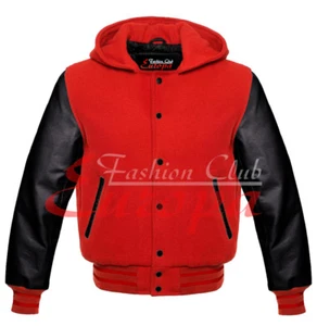 Real Black Leather Sleeves Letterman College Varsity Unisex Wool Hoodie XS-7XL - Picture 1 of 12