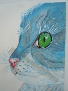 Clarence the blue CAT with green eyes, Hand painted Original WATERCOLOR painting - Picture 1 of 4