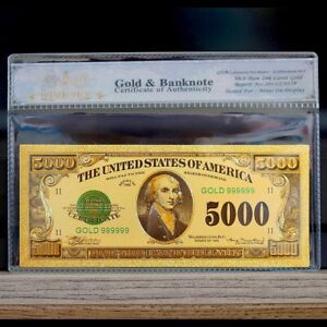 100mg 24K Gold 1928 $5000 Dollar Bill Gold Certificate Banknote with White COA