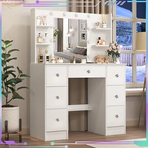 Vanity Makeup Table with LED Lighted Makeup Mirror and 7 Drawers Dresser Desk - Picture 1 of 10