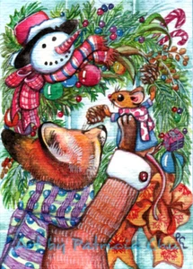 ACEO LE Art Card Print 2.5"x3.5" " Wreath Decorating" Holiday Art by Patricia - Foto 1 di 1