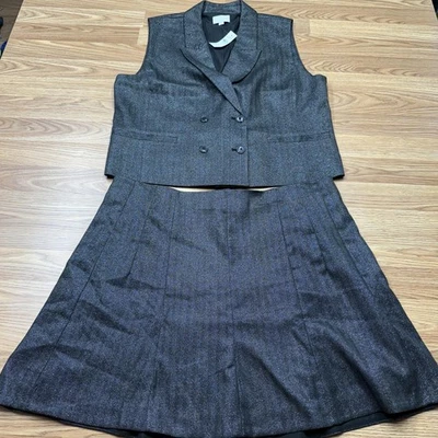 LOFT 2 Piece Skirt Suit Set Womens XL/18 Gray Herringbone Double Breasted Vest - Image 1 of 4