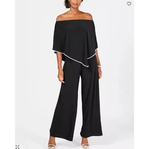 NEW MSK Black Jumpsuit Size Medium Off the shoulder wide leg cape overlay fancy - Picture 1 of 9