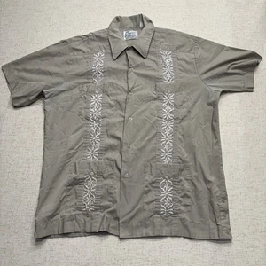 Habana Guayabera Shirt Mens Large Gray Embroidered Cuban 4 Pocket Button Up - Picture 1 of 5