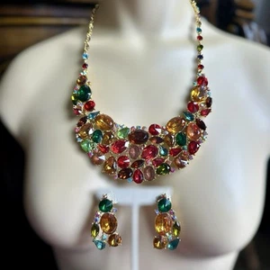 VTG Statement Bib Necklace 22" w Match Earrings Multicolor Crystals Gold Plated - Picture 1 of 13
