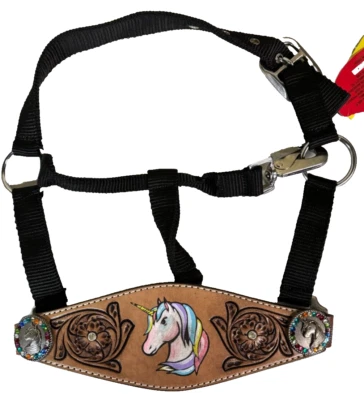 Halter de bronce de cuero Showman Pony con unicornio pintado y cristal arco iris Foto 1 de 4