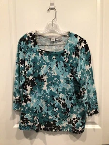 euc Sag Harbor women large sweater white turquoise flowers 3/4 sleeve square nec - Picture 1 of 3