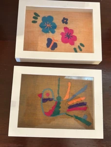 Set/2 Vintage Mexican Otomi Children Hand Embroidered Textiles Framed Charming! - Picture 1 of 7